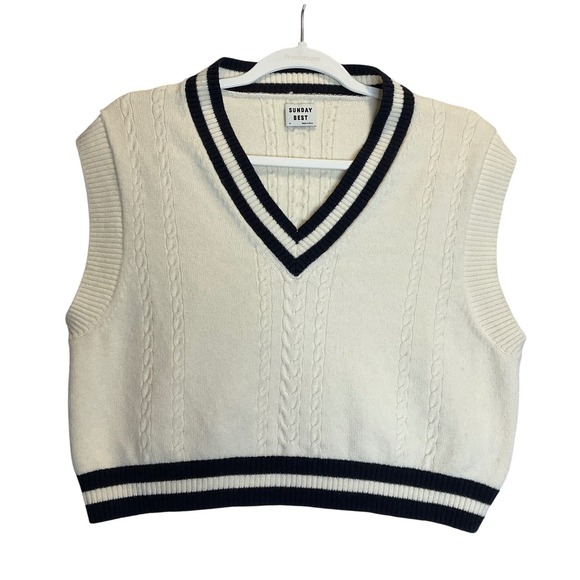Sunday Best Winston Merino Wool Blend Cropped Sleeveless Sweater Vest Cable Knit - Picture 2 of 7